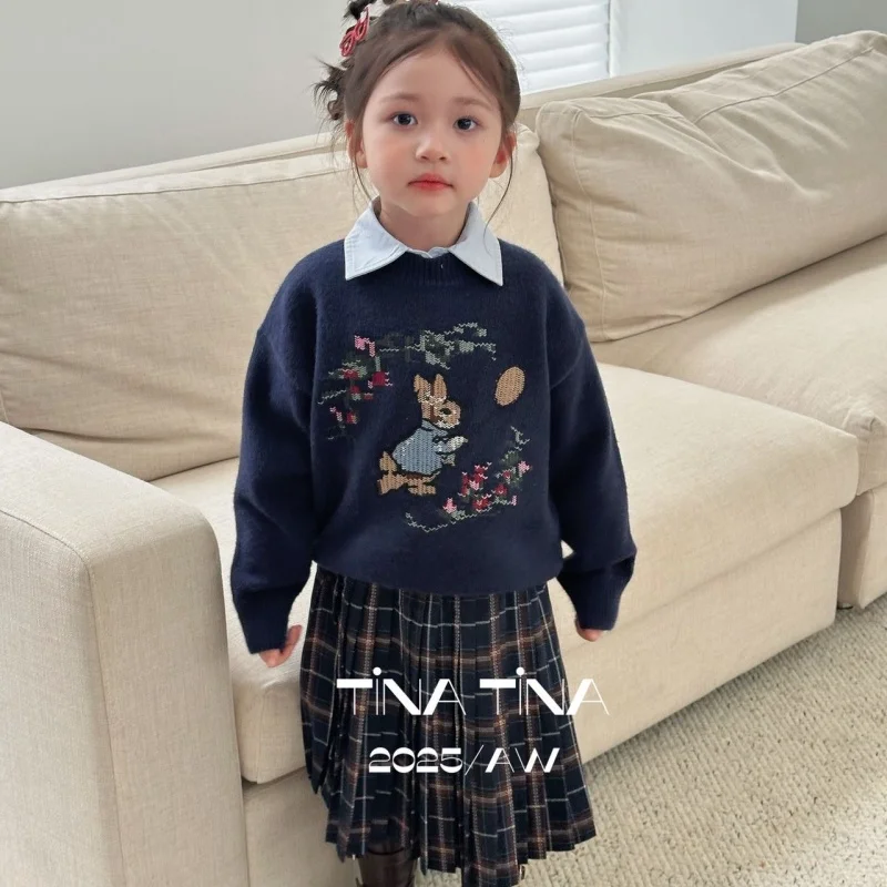 

SeasonSea 2025, осенне-зимний свитер для девочек, вязаный пуловер с милым мультяшным кроликом, мягкий теплый детский джемпер, топы