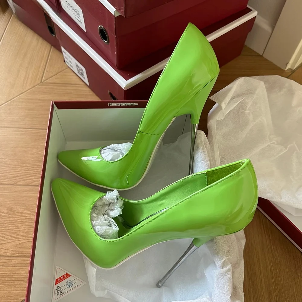 

Ярко-зеленые лакированные кожаные туфли на шпильке, пикантные металлические туфли на очень высоком каблуке 16 см, женские туфли-лодочки с острым носком, фетиш-туфли унисекс Drag Queen