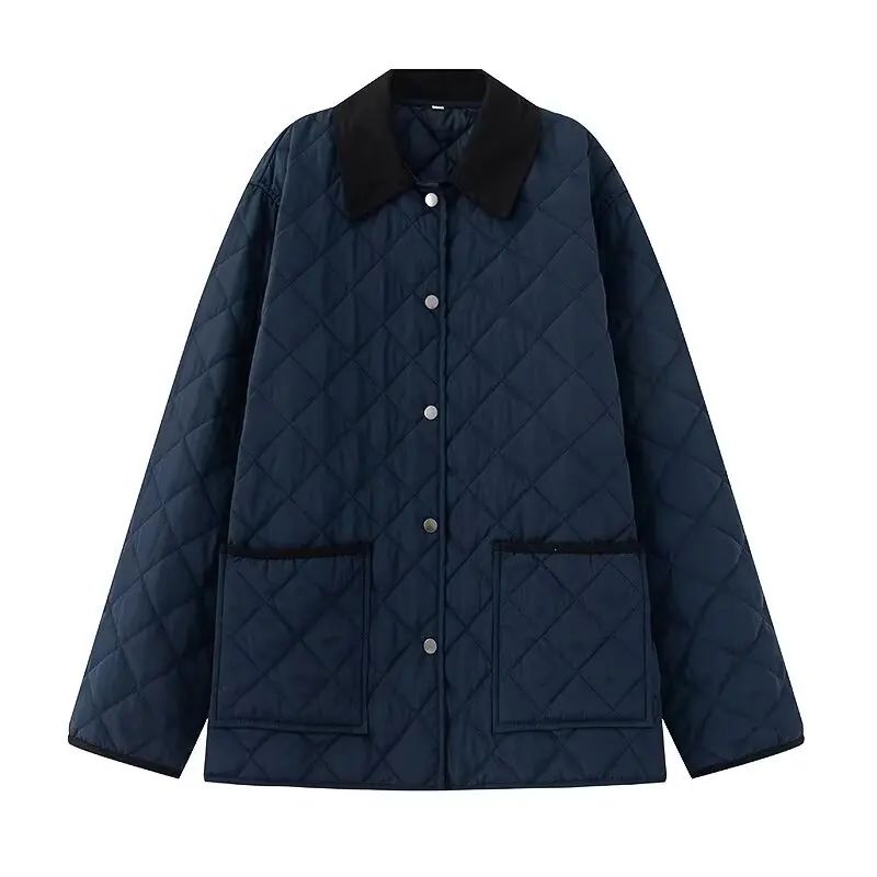 Women's Cotton Jacket Collar Long Sleeve Diamond Pattern Color Block Autumn Winter New Style Commute Style Outerwear Coat