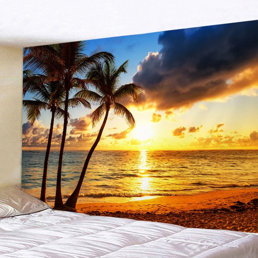 Grüne Pflanze Meerwasser Landschaft Wandteppich 3d gedruckt Sonnen untergang Meer Welle See Wandbehang nach Hause Wohnzimmer Schlafzimmer Dekor Ästhetik