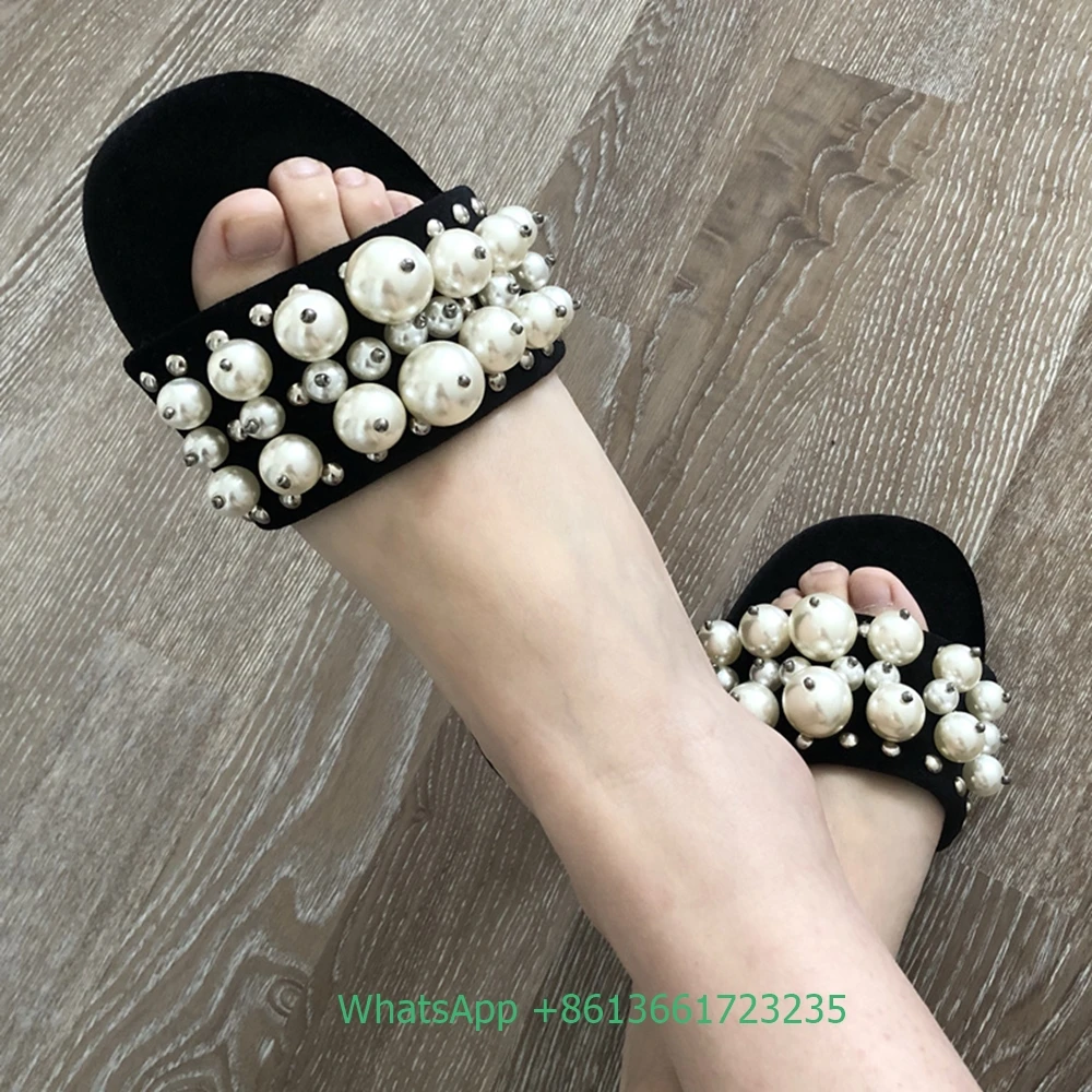 2024 New Pearl Flat Sandals Open Toe Black/red Slippers Women Summer Outerwear Sandals Flat Heel Slip-On Fashion bling Slides