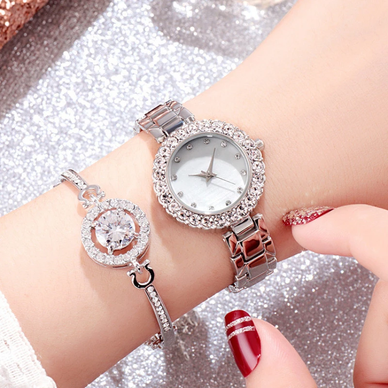 1/5 шт. роскошные женские часы, модные часы со стразами из нержавеющей стали, кварцевые часы, кольцо, ожерелье, серьги, браслет, комплект часов без коробки