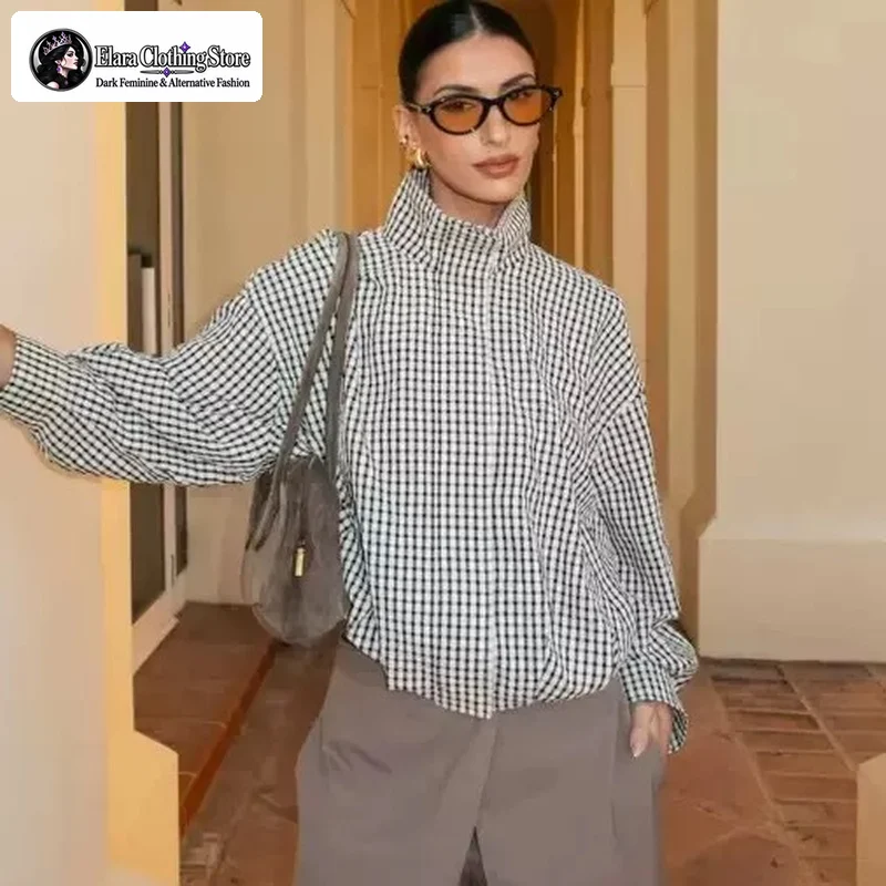 Elara European and American Ins Style Women's Casual Plaid Jacket 2026 Long Sleeved Stand Up Collar Zipper Pocket Loose Jacket