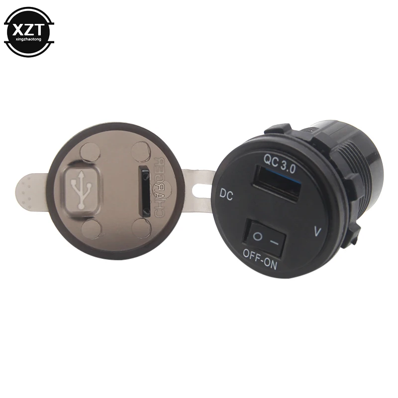 USB 18W Phone QC 3.0 Fast Charging Motor Power Adapter with Switch LED Voltmeter Voltage Display Vehicle DC12V-24V Waterproof