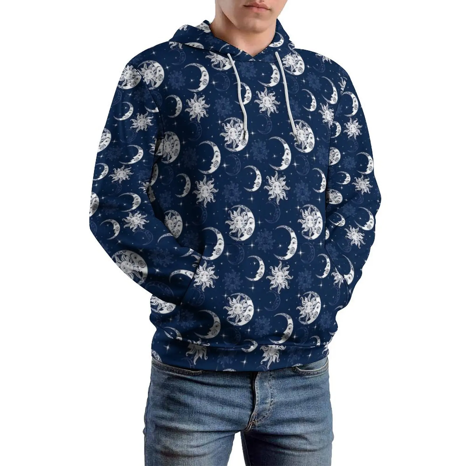 Sun Moon Loose Hoodies Stars Print Retro Hoodie Men Long Sleeve Oversized Korean Fashion Custom Tops