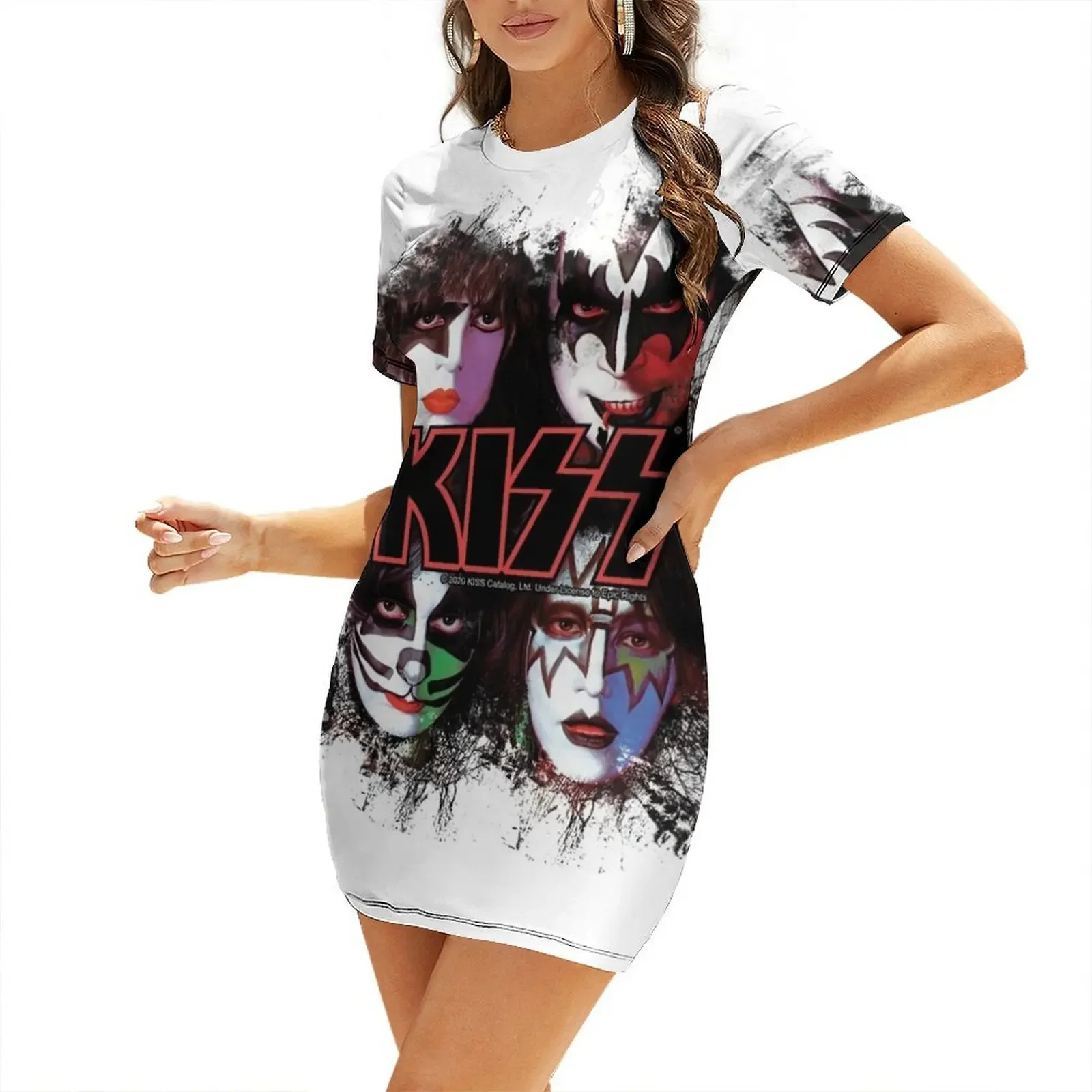 

KISS  the Band - All Members Faces brush effect Short-Sleeved Dress beach outfits for women Dress
