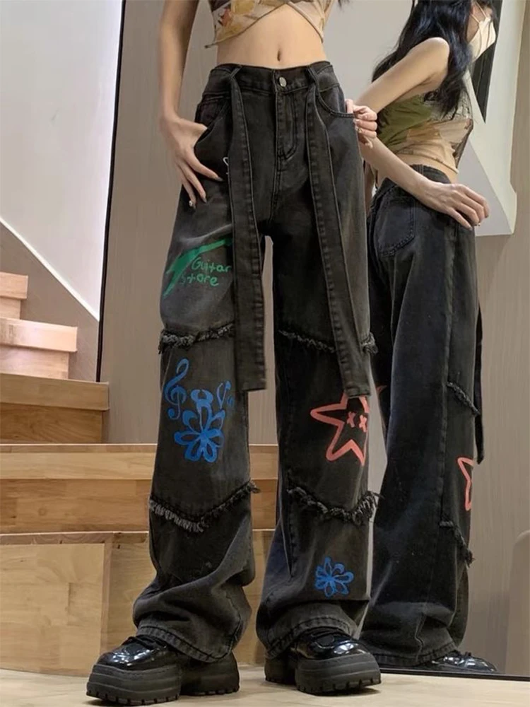 American Vintage High Waist Straight  Baggy Jeans Female Grunge Streetwear Tassels Y2K Wide Leg Denim Trouser Print Pants Women