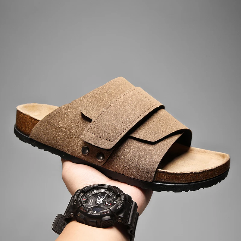 Men's Cork Slippers Suede Leather Clogs with Open Upper Comfort Footbed Adjustable Sandals Slides Indoor Home Shoes Women Couple