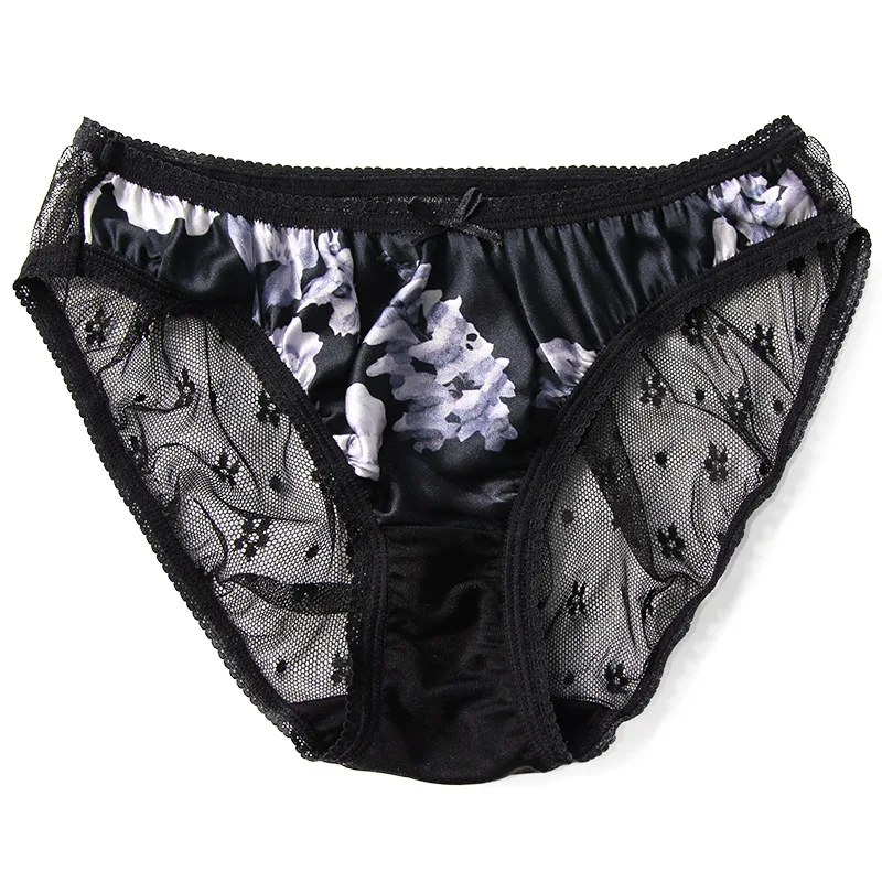 Ptaszek 100% jedwab kobiet majtki koronkowe seksowne beriefy bielizna niska bielizna Calcinha Brief Culotte nowa czarna P37630QC