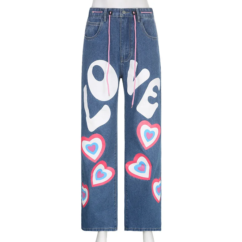 Becky Same Denim Street Style Quirky Print Loose and Slimming Low Waisted Tie Up Casual Straight Pants Freenbecky