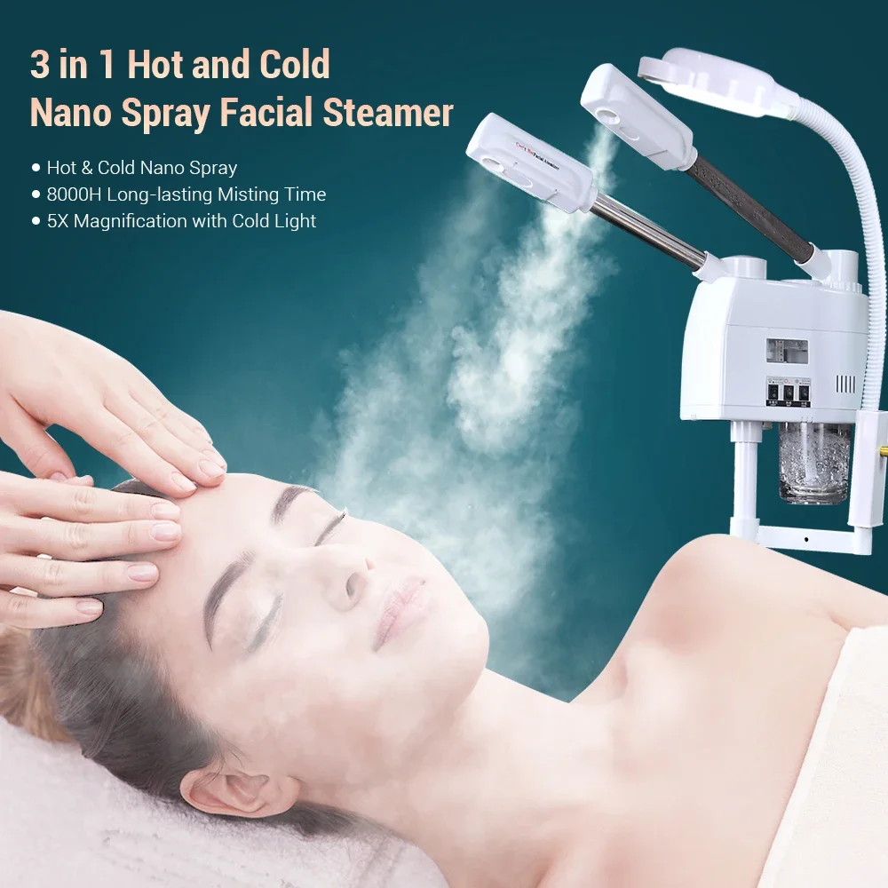 Professional hot & cold nano spray face Moisturizing facial steamer with magnifying light for salon