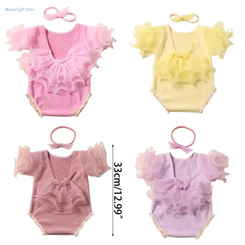 Baby meisjes fotokleding backless jumpsuit pasgeboren kostuum onepiece kanten romper strik hoofdband baby foto outfit