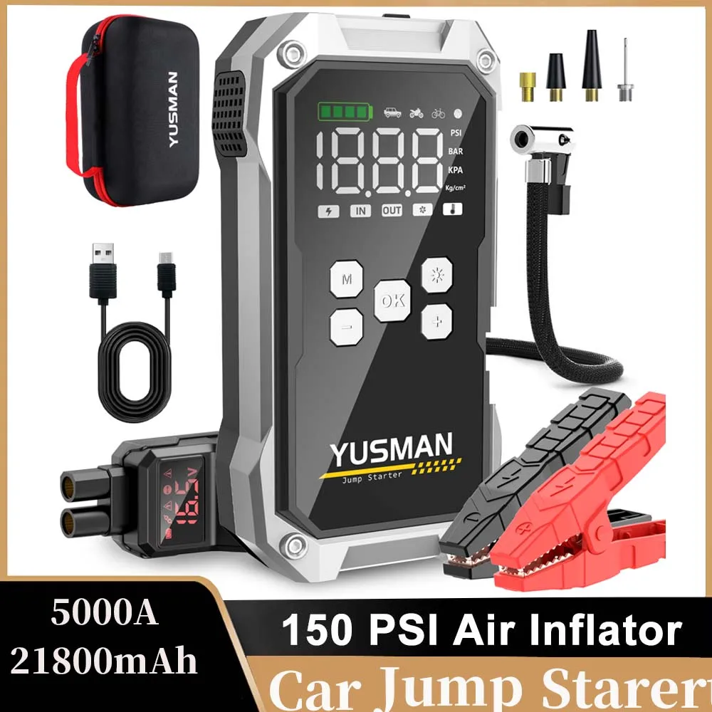 YUSMAN Car Jump Starter 150PSI Pump Air Compressor 21800mAh Power Bank 5000A Starting Device 12V Digital Tire Inflator