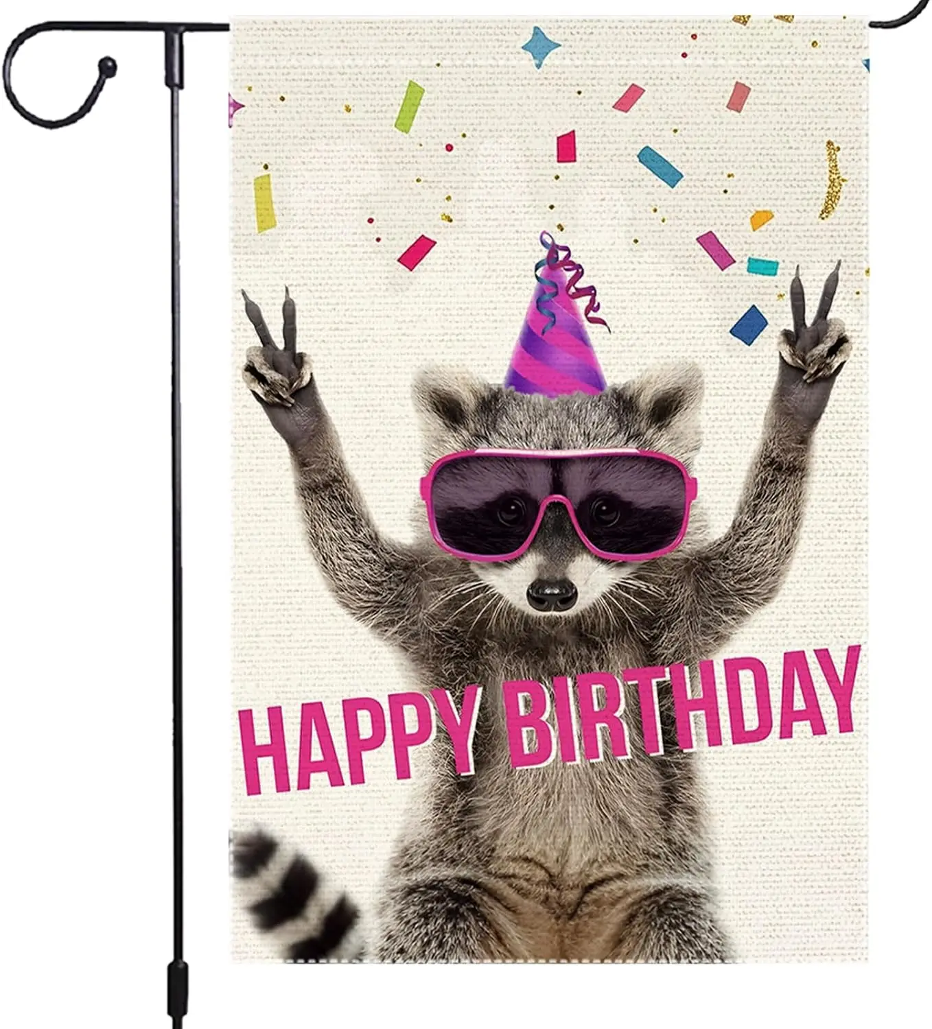 Birthday Garden Flag 12x18 Inch Double Sided Burlap Flag Happy Birthday Cool Raccoon Party Hat Sunglasses Confetti Outdoor D bbp