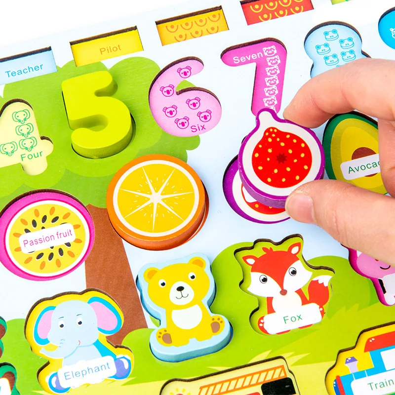 New Kids Animal Fruit Voertuig Beroep Multifunctioneel Houten Speelgoed Digit Match Board Vorm Cognitie Cartoon Match Vissen Speelgoed