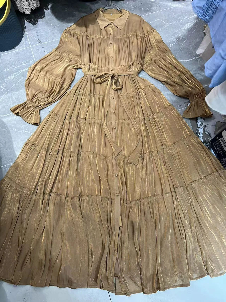 VGH 솔리드 프렌치 엘레강트 스플릿 드레스 여성용 라펠 랜터 슬리브 하이 웨이스트 스플라이스드 레이스업 드레이프 드레스 여성 패션 신상