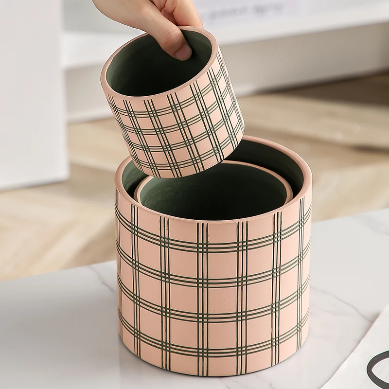 Nordic Stripe Plaid Pattern Ceramic Flower Pot Indoor Vintage Flower Plant Potted with Saucer Vase Living Room Office Flower Pot