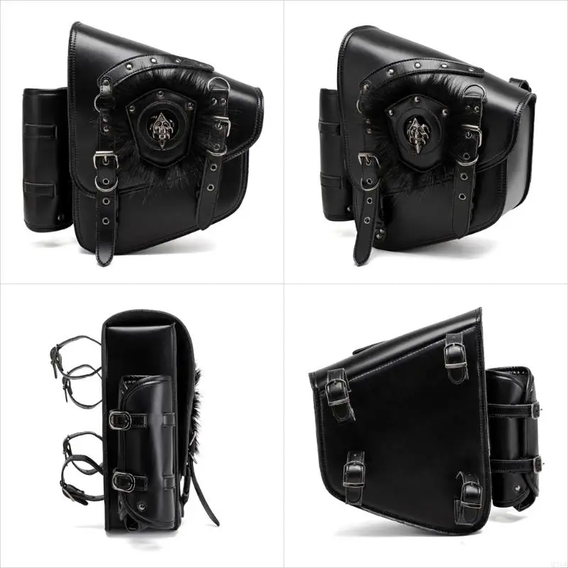 M76E Motorrad-Satteltaschen-Paar für seitliche Aufbewahrung mit Nietenverzierung, Totenkopf-Abzeichen und Schnallenriemenklappe – Detail 7