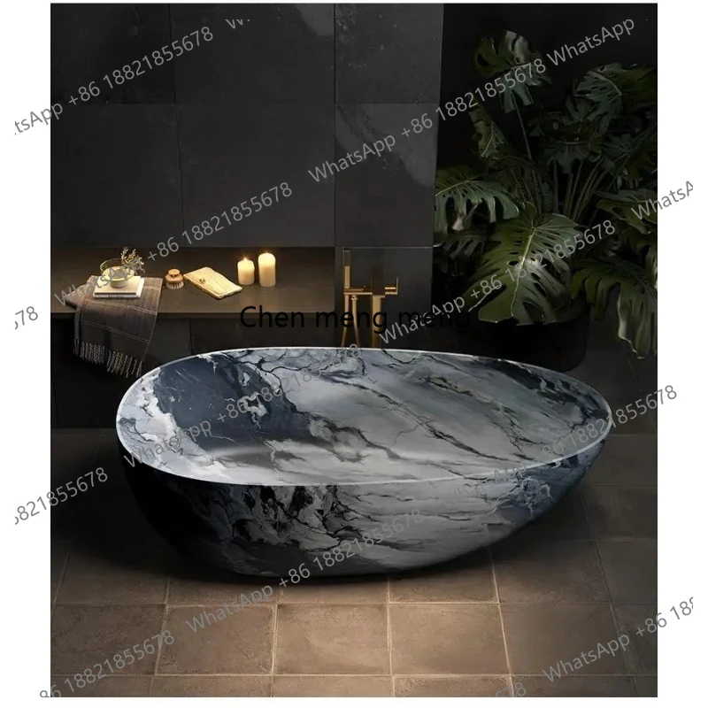 Luxury Marble Pattern Freestanding Bathtub, Oval Artificial Stone Soaking Tub for Hotel Villa, Customizable Double Person