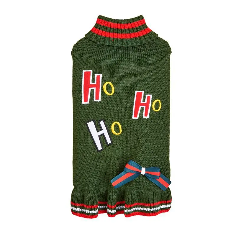 M69 Christmas pet sweater dress cat dog clothes autumn and winter HoHo high neck bow embroidery skirt