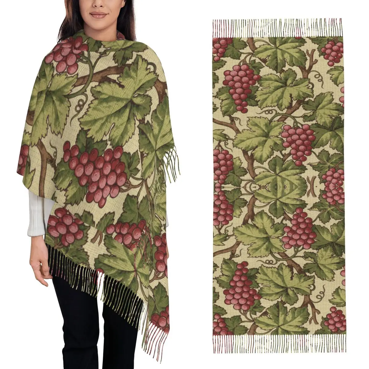 

Шарф с виноградными листьями и листьями винограда, шарфы с кисточками, женские мягкие теплые шали и накидки, большая осенне-зимняя шаль