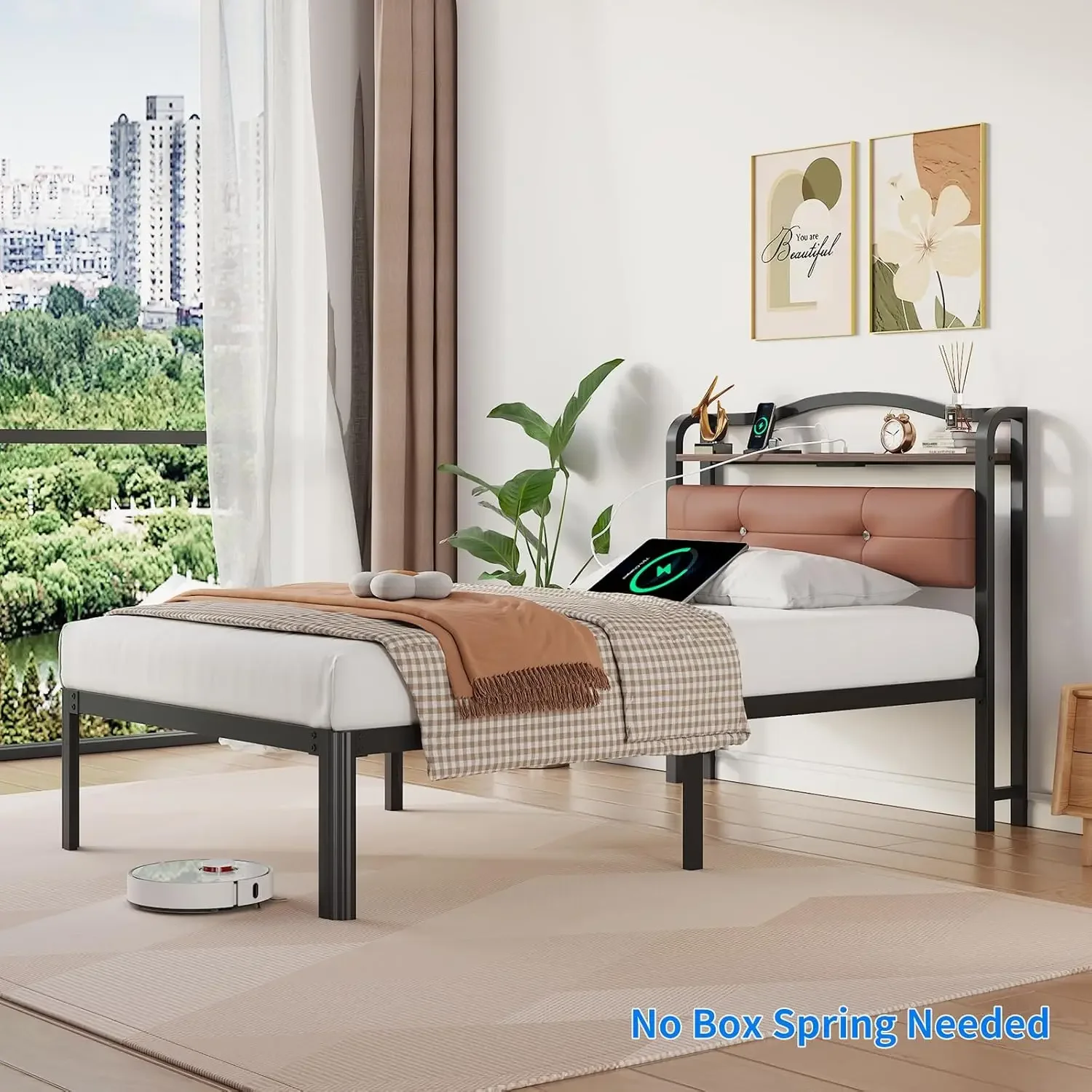 Twin Bed Frames, Twin Frame with Headboard&Charging Station,Black Single Frame No Box Spring Needed,Metal Twin Frame