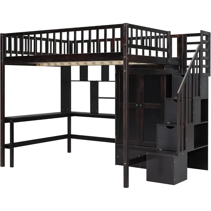 Full Size Loft Beds Stairway Bed Frame with Wardrobe, Desk, Bookcase and Drawers, Espresso