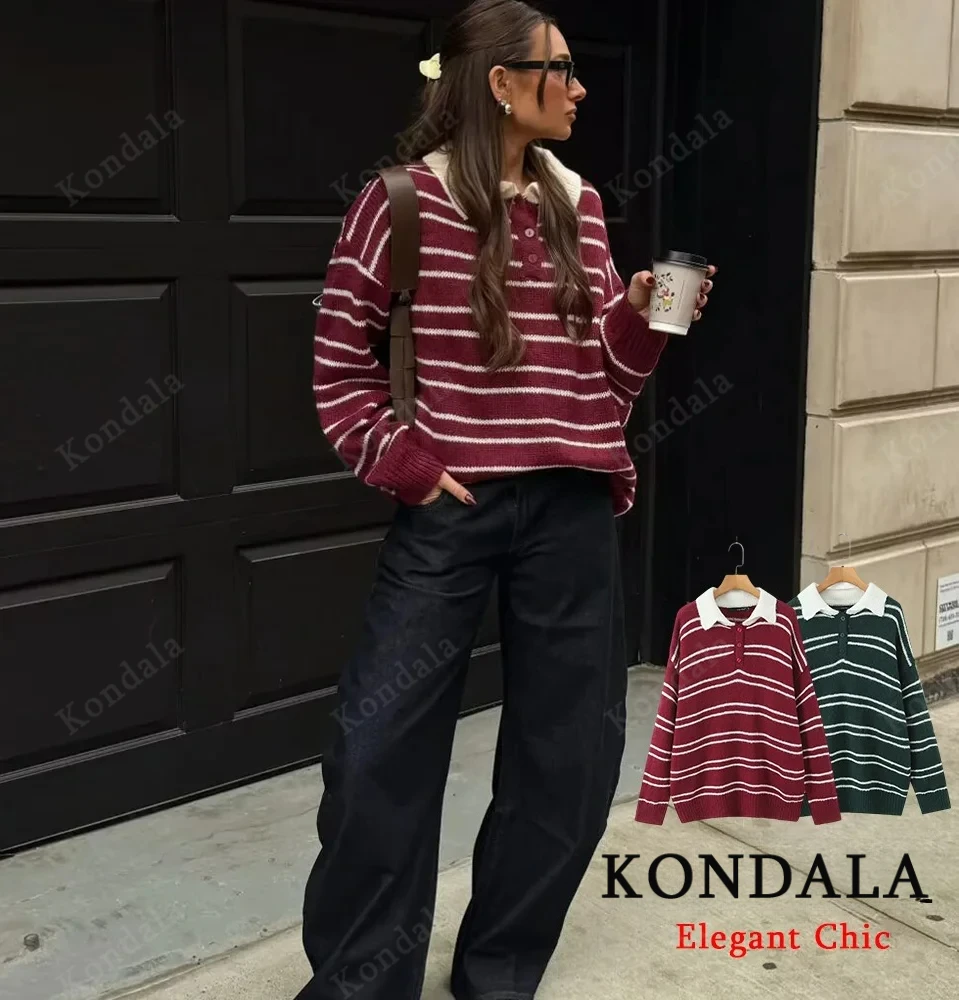 

KONDALA женский повседневный шикарный свитер в полоску, пуловер с лацканами, свободный свитер, осень-зима 2025, модный милый женский свитер для рождественской вечеринки