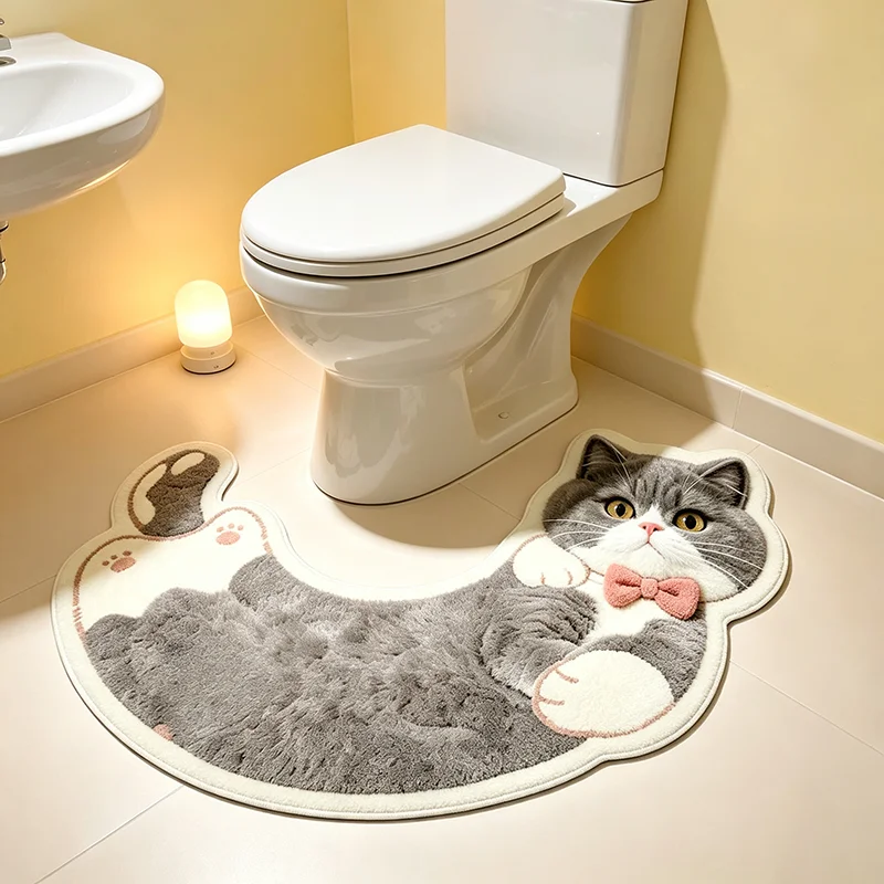 Fun Cartoon Cute Cat U‑Shaped Toilet Bath Mats Irregular Soft Plush Bathroom Floor Mat Washable Easy Clean Rug Home Decor