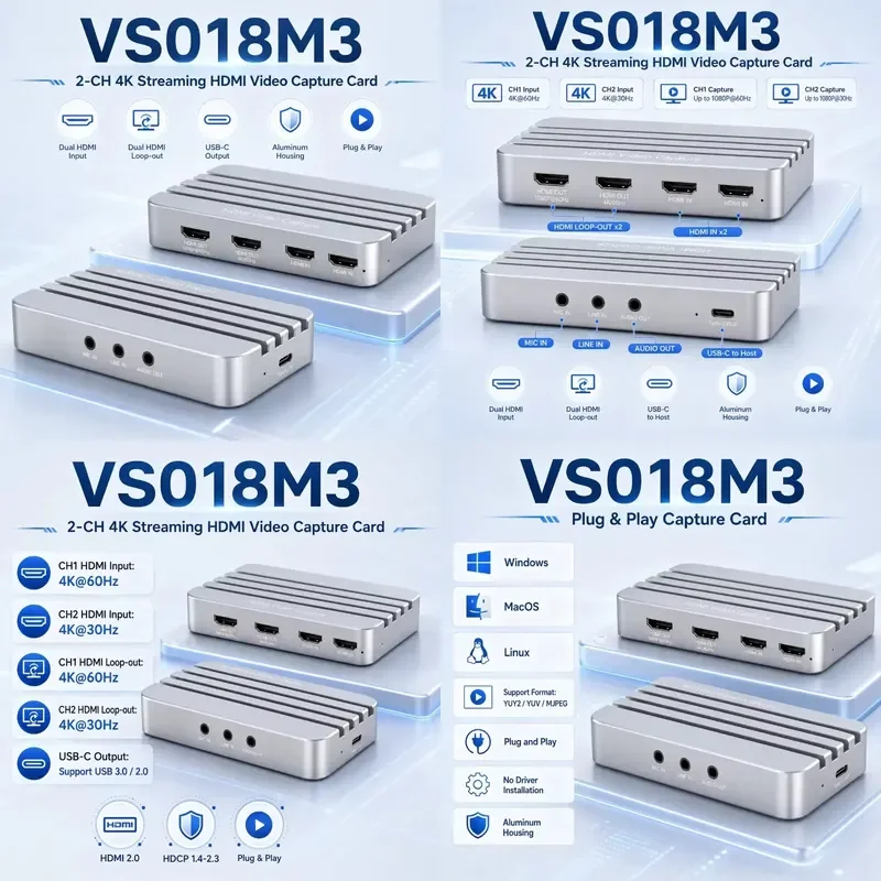 AP01 for 2 Channel Capture Card USB3.0 1080P60/30 with Dual Loopout 3.5mm Mic Line in Audio Out Driver Free Live