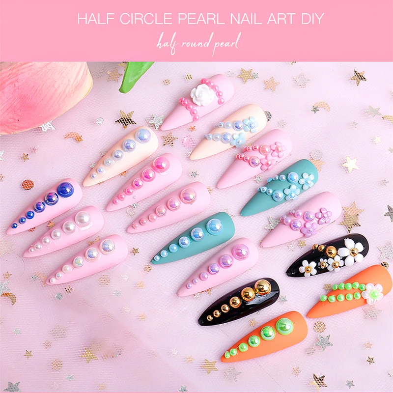 12 Grids Charms Pearl Nail Art Decorations Flatback White Pink Silver Beads Ball 3D Nail Jewelry Crystal Rhinestone DIY Manicure