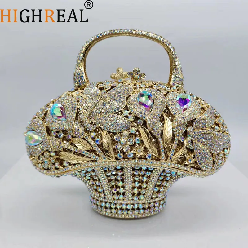 

Цветочная корзина с кристаллами, вечерние сумки, женские роскошные дизайнерские элегантные блестящие стразы, металлические клатчи, кошельки для свадебной вечеринки