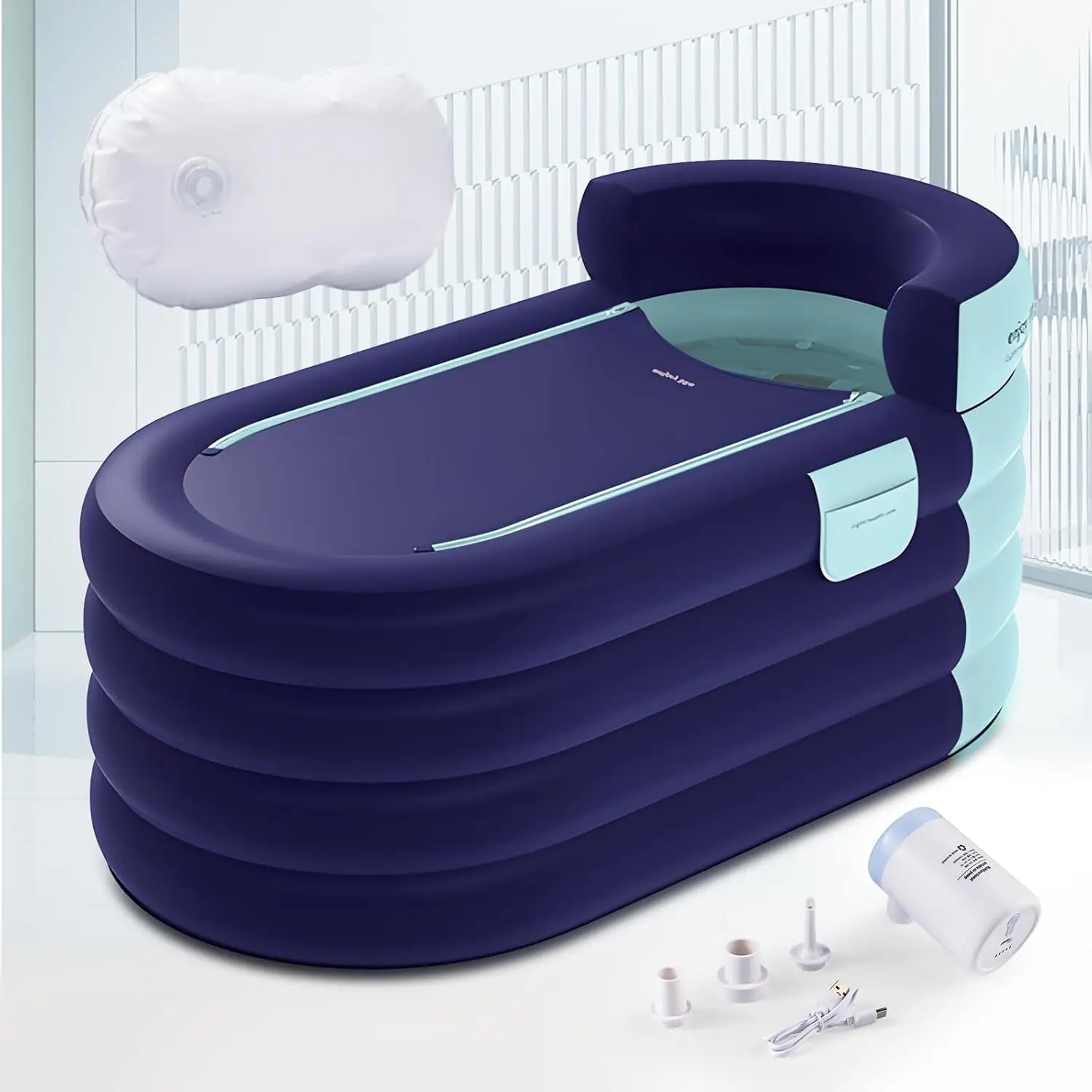 

Inflatable Bathtub Adult 63'' Portable Blow Up Bath Tubs with Cordless Air Pump, Ideal for Hot Ice Bath, Quick Drain Design with