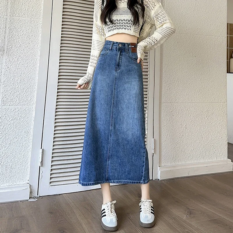 

Summer New Slit Denim Skirt Women's Slim Stretch Fashion Skirt Long A-line High Waist Knee-length Jeans Skirt Female