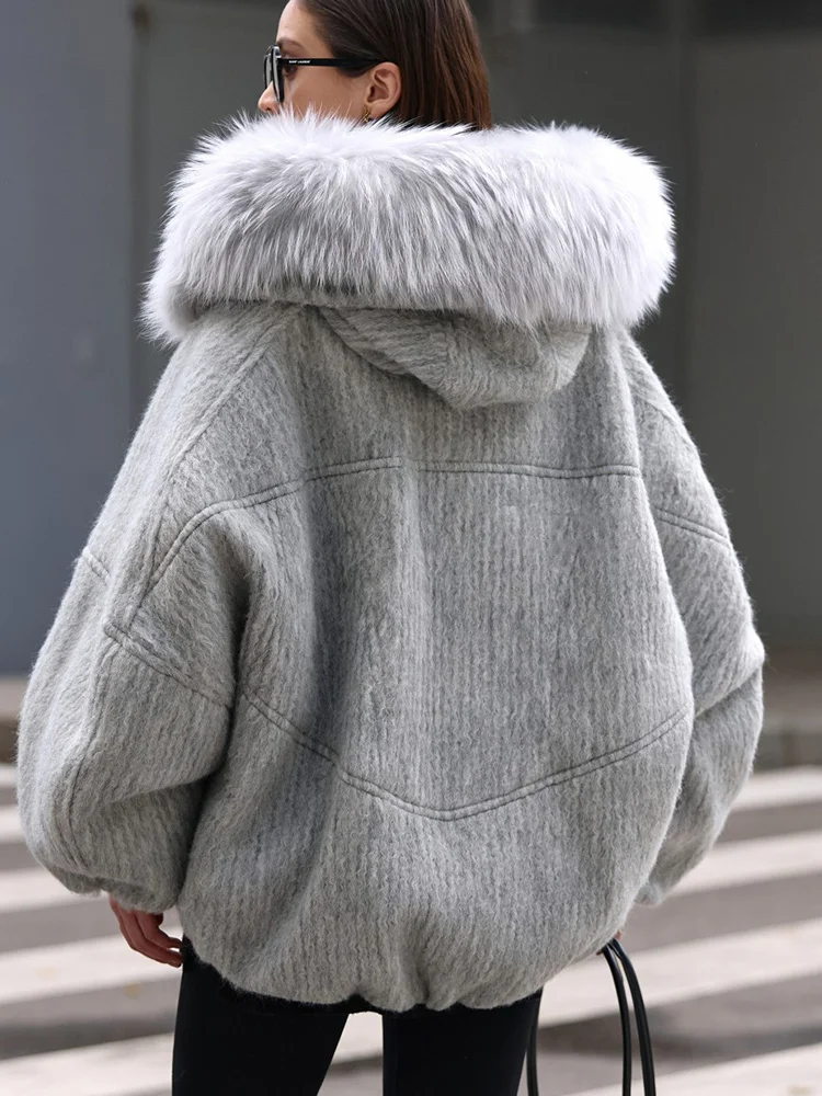 المرأة شتاء دافئ أوزة أسفل سترة الصوف السترات الصوفية ريال فوكس الفراء طوق مقنعين سميكة الإناث أبلى معطف سترة منفوخة
