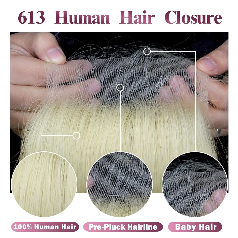 12-22 Inch Straight 613 Blonde 5x5 Transparent Lace Closure 100% Brazilian Virgin Hair Pre-Plucked 150% Full End
