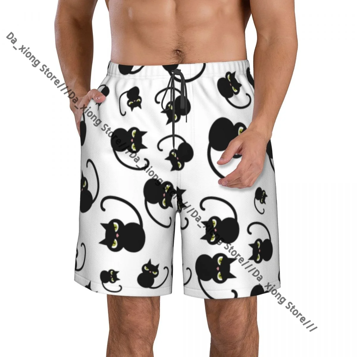 Men Beach Short Quick-drying Swimming Trunk Black Cats Characters Pattern Swimwear Swimsuit Bathing Shorts