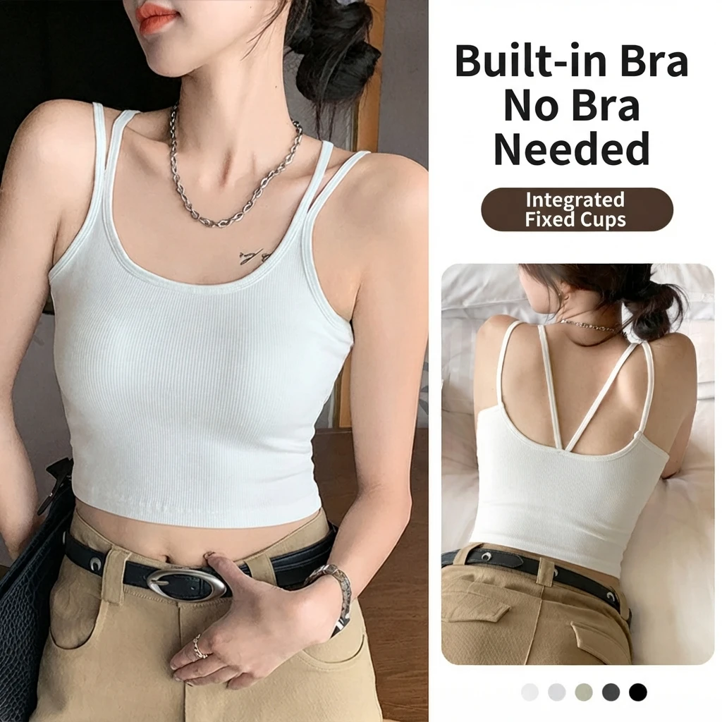 Women Sling Vest with Chest Pad Solid Color Cotton Slim Fit Short Sleeveless Camisole Summer Inner Outer Bottoming Top