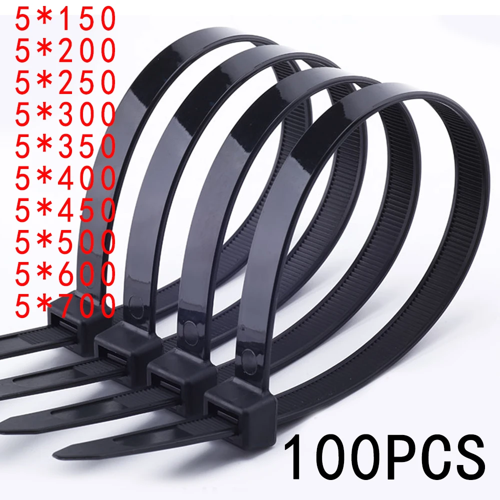 100PCS Self-Locking Plastic Nylon Cable Tie White 5x200mm Industrial Cable Binding Fastening Winding Zipper Cable Tie Kit Black