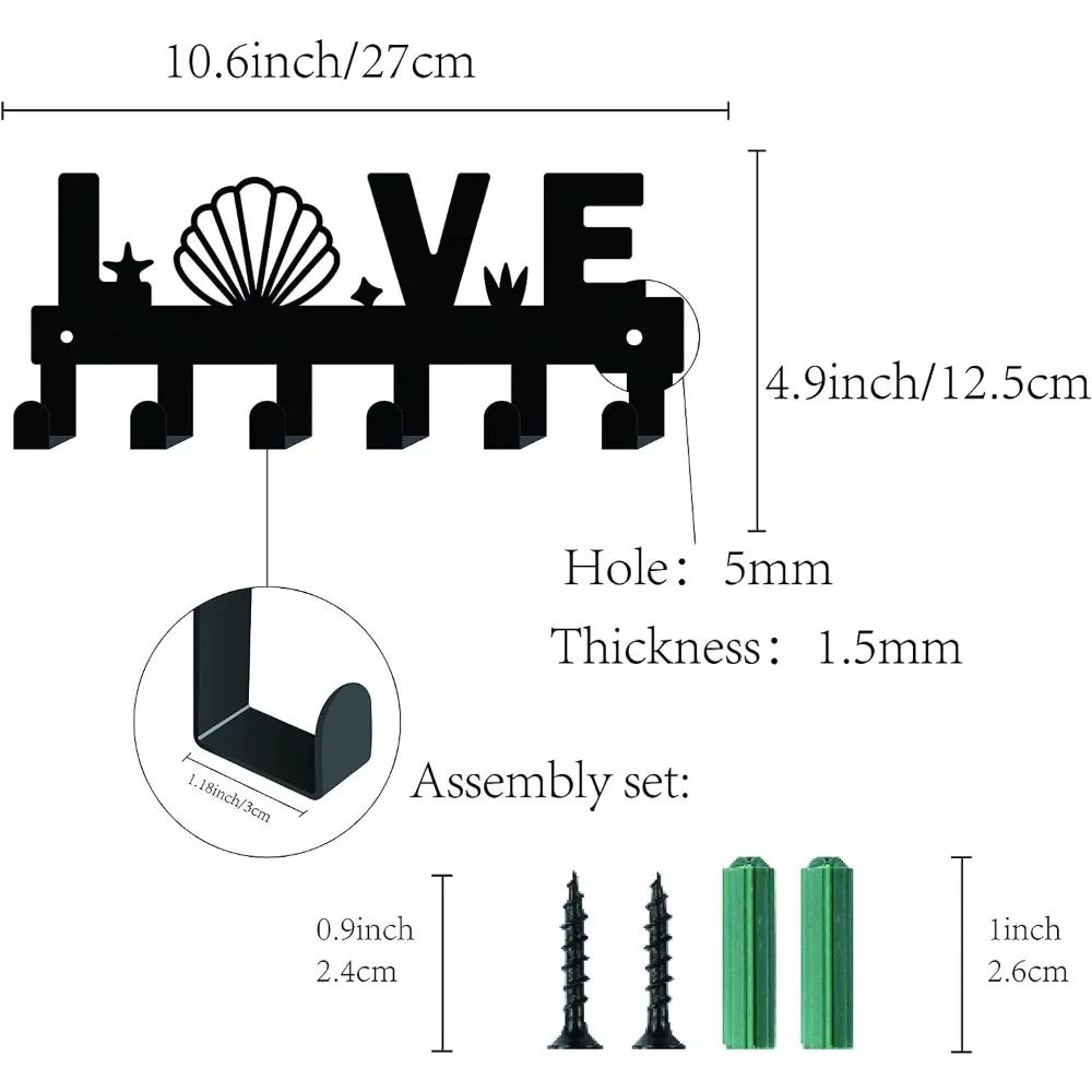 Soporte de llave de Metal negro, colgador de montaje en pared, organizador colgante, roca decorativa con 6 ganchos, patrón de alfabeto de amor