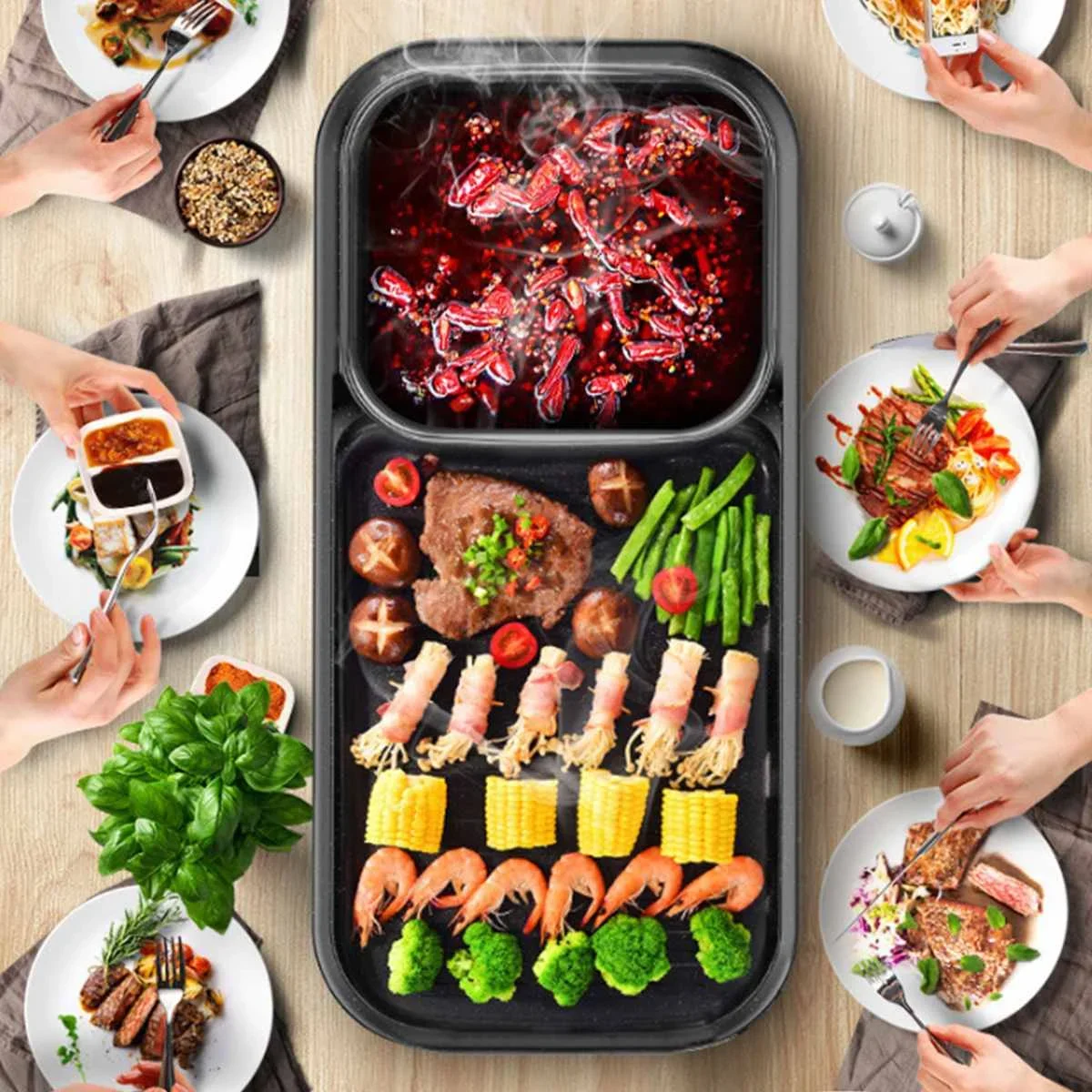 다기능 논스틱 무연 전기 바베큐 기계, 핫 플레이트, 철판 구이, 고기 팬 BBQ, 2 in 1