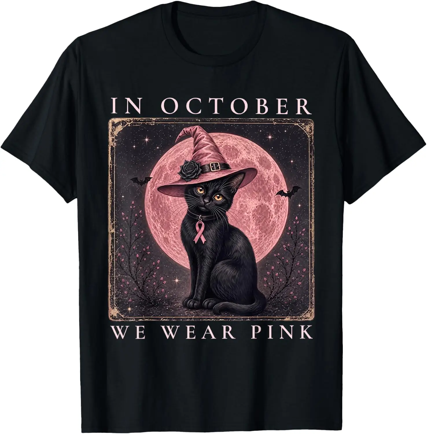 In October We Wear Pink Cat Witch Breast Cancer Awareness T-Shirt Unisex Holiday Theme Graphic Print T‑Shirt Halloween Christmas Thanksgiving Festive Party Short Sleeve Cotton Tee Tops Men Women.