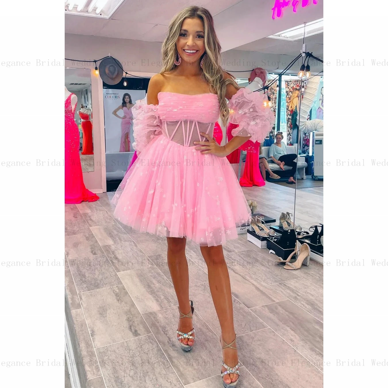 Pink Starry Tulle Cocktail Party Dress for Teens Off Shoulder Corest A-Line Evening Dress for Women Short vestidos de gala