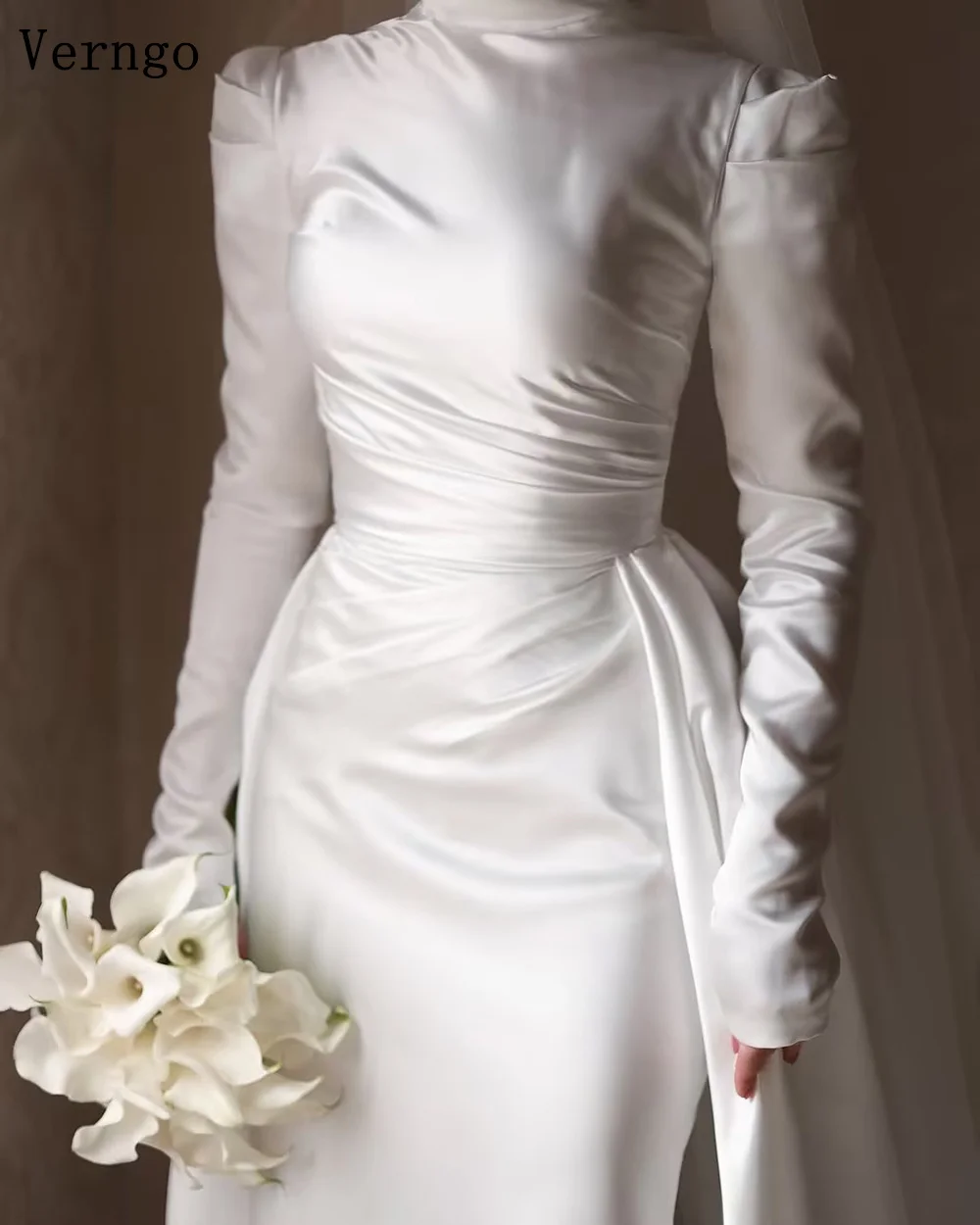 Verngo lvory Satin Wedding Dress High Neck Full Sleeves Detactable Train Bride Dress Moslem Elegant Bridal Gowns Customized