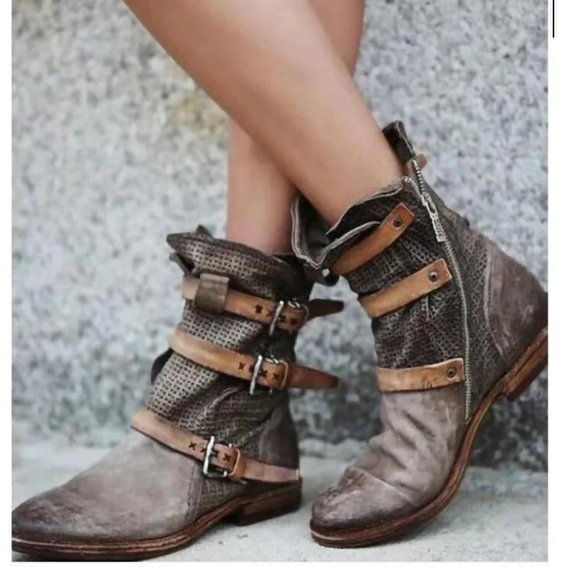 boots chunky low heels round toe shoes woman chaussure zapatos mujer gladiator vintage PU leather booties 2020