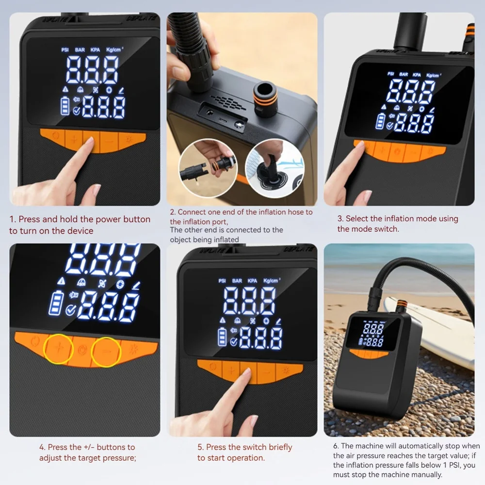6000mAh Intelligent Dual Stage Inflation&Deflation Pumps with Digital Display&Cigarette Lighter Plug for Boats Surfing Kite Tent