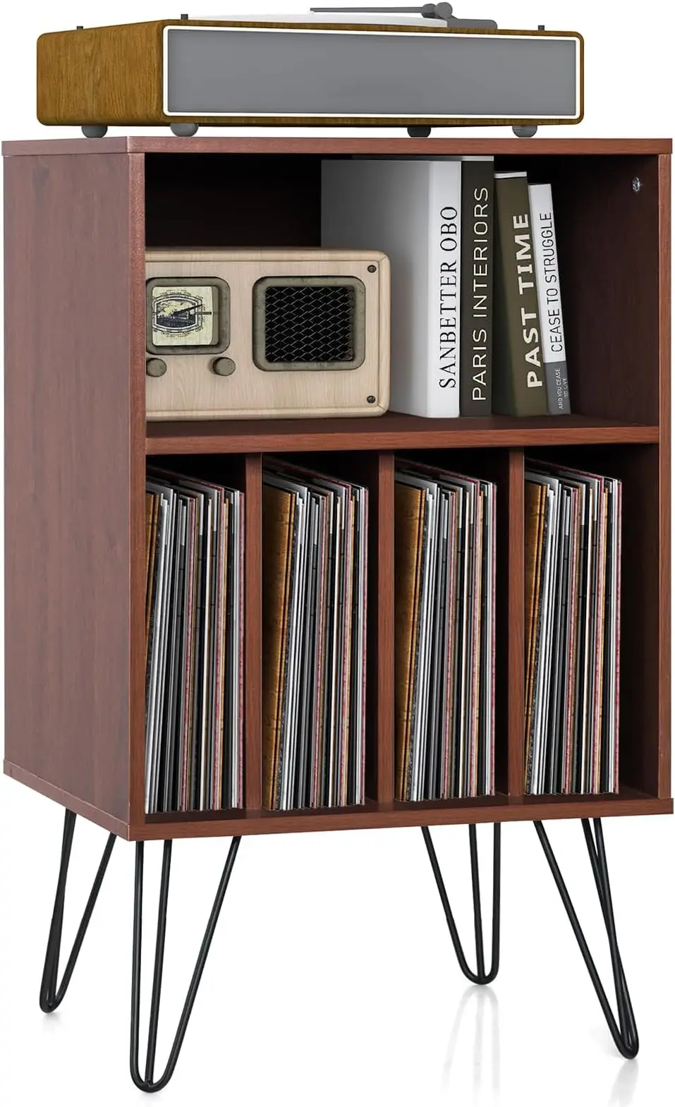 

Record Player Stand, Turntable Stand Holds up to 150 Albums, Mid-Century Vinyl Cabinet with Metal Legs, Record Player Holder E