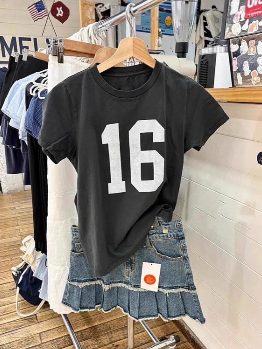 

16 Letter Print Black T-shirt Women Summer Crew Neck Cotton Short Sleeve Tee Shirts Vintage Simple Casual Slim Tops T-shirts New