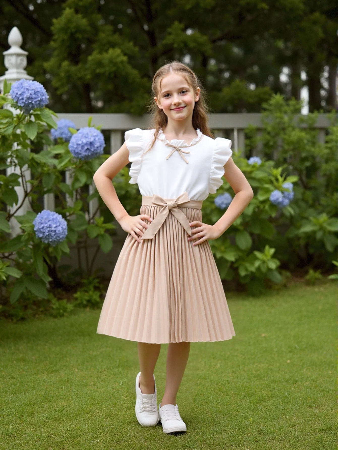 Girls Sweet Elegant Dress Lace Collar Flying Sleeves Pleated Skirt Belt Included Ages 4-13 Summer Fashion