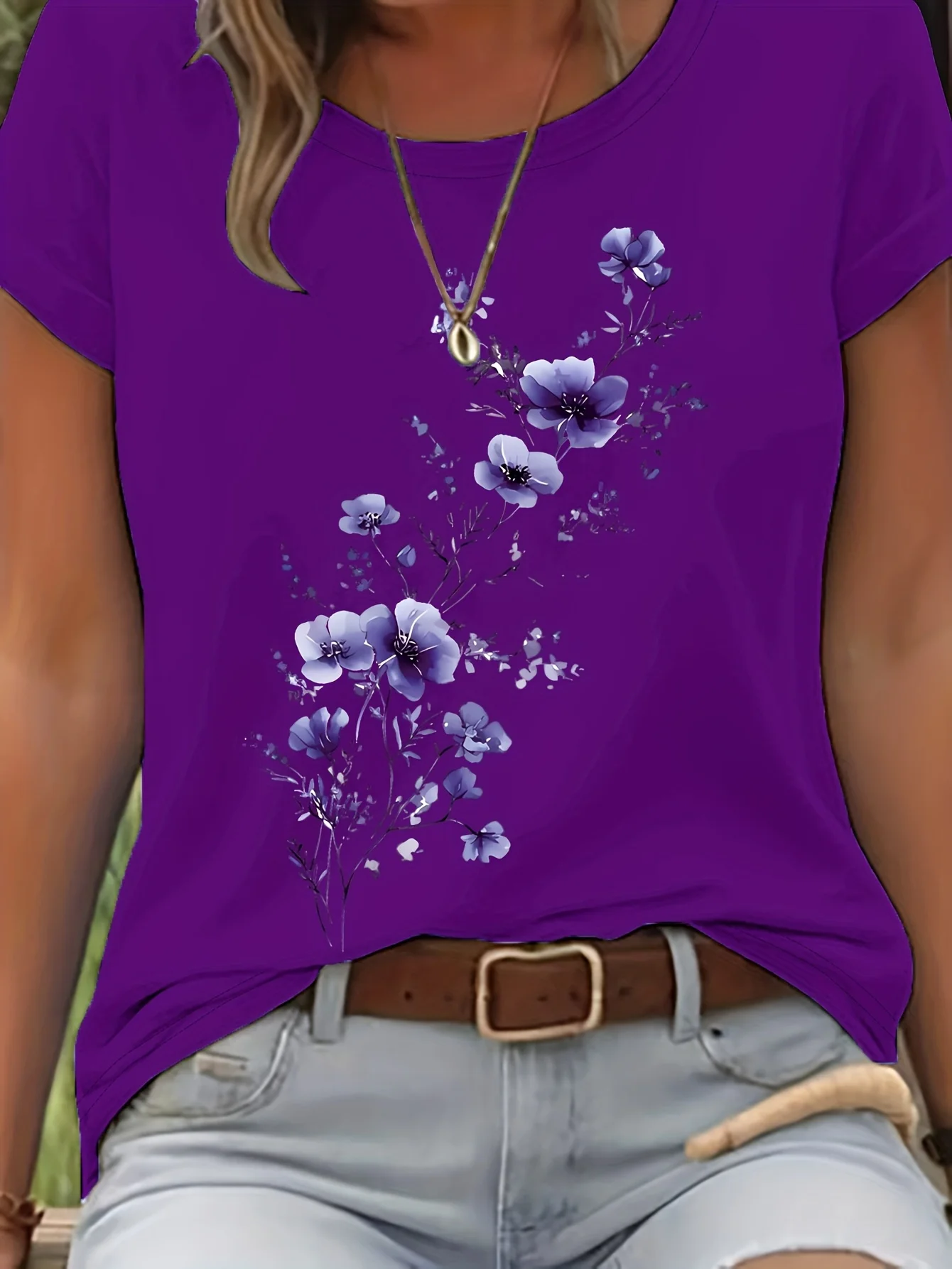 Purple Floral Branch Women's Tee - Delicate Watercolor Flower Graphic, Casual Light Purple Top image 3